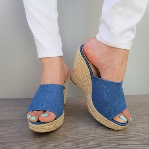 Blue Denim Slip On Espadrille Wedge Sandals-B - Picture 6 of 8